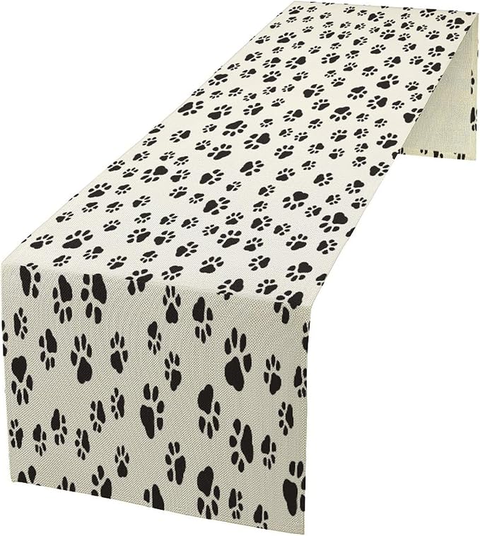 Dog Paws Table Runner,Cartoon Cute Black White Animal Footprints Abstract Tablecloth Burlap for Hotel Indoors Outdoor Dining Room Kitchen Home Decor,W13X L90 in