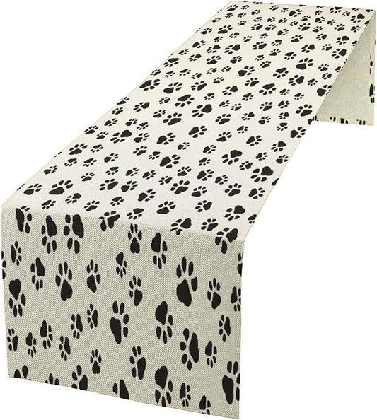 Dog Paws Table Runner,Cartoon Cute Black White Animal Footprints Abstract Tablecloth Burlap for Hotel Indoors Outdoor Dining Room Kitchen Home Decor,W13X L90 in