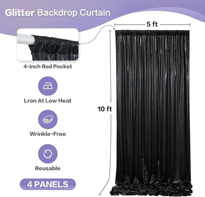 gogoparti 20x10FT Black Sequin Backdrop Curtain - 4 Panels of 5x10FT Wrinkle-Free Glitter Drapes for Photography, Birthdays, Weddings & Graduations