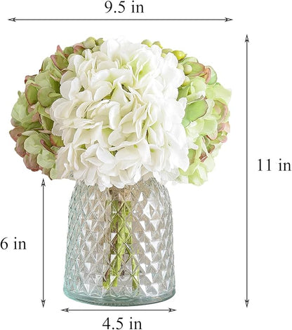 Wracra Hydrangeas Floral Arrangement in Glass Vase, Fake Flowers Silk Hydrangea Artificial Flowers with Vase for Home Office Decoration, Dining Table Centerpiece(Green)