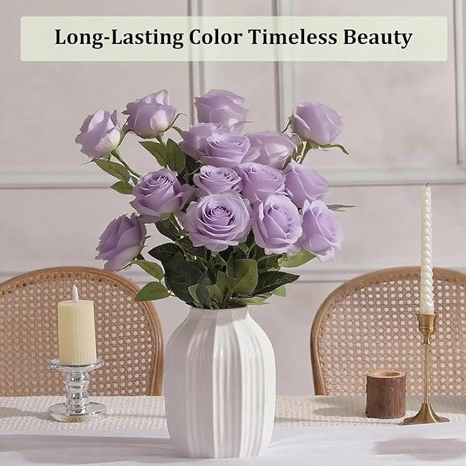 Roses Artificial Flowers 15 PCS, Fake Roses Silk Flowers with Long Stems, Faux Rose for Wedding Centerpieces, Home Decor, Indoor Floral Arrangements, Party Decor, DIY Bouquet (Light Purple)