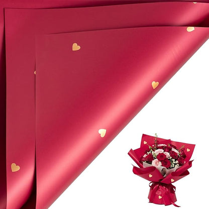 LeZakaa 20 Sheets Flower Wrapping Paper, Red with Gold Heart Design Waterproof Floral Bouquet Paper for Valentine's Day, Wedding, Anniversary Romantic Gift Packaging