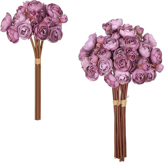 IPOPU Ranunculus Artificial Flowers 2Bouquets Silk Flowers with Stems 12PCS Mini Fake Flowers for DIY Wedding Bouquet Bridal Shower Decorations Floral Filler Flowers Centerpieces (Purple)