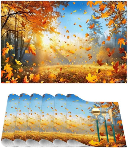 Forest Tree Fall Leaf Placemats Set of 1 PVC Vinyl Non Slip Table Mats Heat Resistant Place Mats Washable Wipeable Dining Table Mat for Kitchen Decor Party Indoor Outdoor Decorative Gift