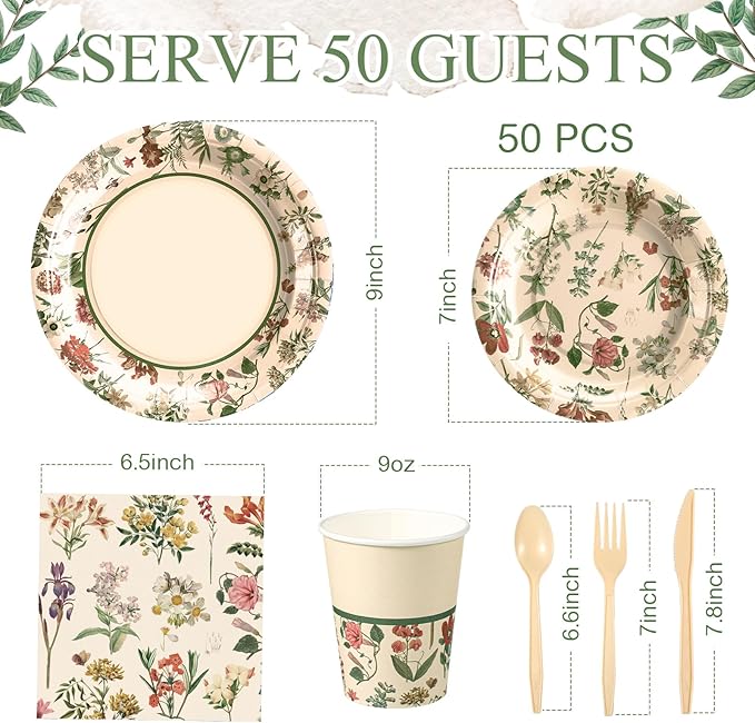 Roshtia 50 Set Floral Party Supplies Flower Paper Plates Napkins Tablewares Disposable Flower Dinnerware for Girls Women Floral Birthday Tea Party Decorations Favors