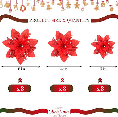 Geosar 24 Christmas Glitter Artificial Poinsettia Flowers Xmas Poinsettia Artificial Wedding Flowers Decorations Xmas Tree Ornaments with Clips for Party Favors, 6 Inch, 4 Inch, 3 Inch (Red)