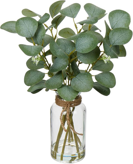 Briful Artificial Eucalyptus Stems in Glass Vase with Faux Water, 14" Fake Plant Eucalyptus Leaves for Home Bathroom Office Farmhouse Wedding Centerpiece Décor