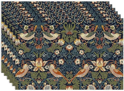 William Morris Floral Placemats Set of 6, Vintage Flower Strawberry Birds Green Place Mats, Heat Resistant Non Slip Cotton Linen Dining Table Mats for Home Kitchen Party 18x12 Inch