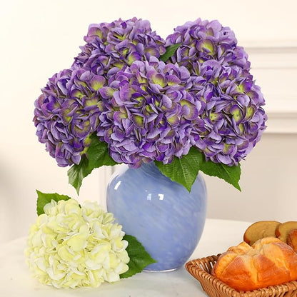 3Pcs Hydrangea Artificial Flowers, 22.44" Real Touch Latex Faux Hydrangea with Long Stems & Leaves for Home Office Decor or Wedding, Party, Centerpieces, Floral Arrangements (Purple)