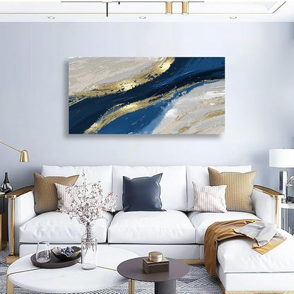 Abstract Canvas Wall Art for Living room Office Bedroom Golden Blue Wall Art Print Oil Paintings Modern Abstract River Texture Pictures Wall Decor Artwork Waterproof Ready to Hang - 70in * 35inch