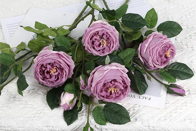 Real Touch Purple Austin Roses Peonies Artificial Flowers 4 Bouquets Latex Fake Peonies with Long Stem Realistic Faux Peonies for Wedding Party Home Table Centerpieces Decor (Deep Purple)