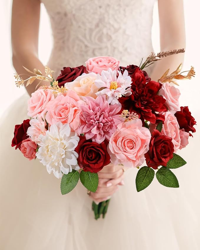 Senseya Artificial Flowers Combo, Dark Pink Silk Roses, Peonies, Dahlias with Stems for DIY Wedding Bouquets, Baby Shower, Table Centerpieces, Home Decor, Fake Floral Arrangements, Party Decorations