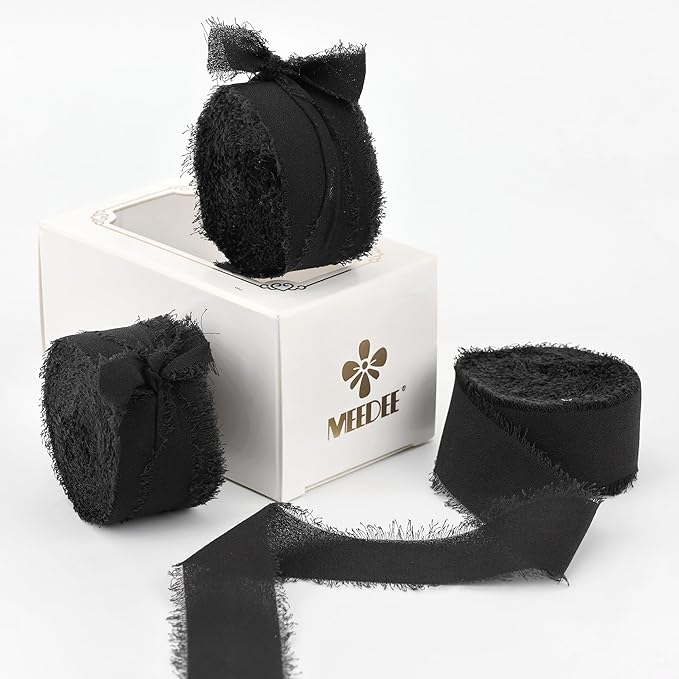MEEDEE Black Chiffon Ribbon 1 Inch Frayed Ribbon Chiffon Silk Ribbons Black Fringe Thin Chiffon Ribbons for Crafts, Gift Wrapping, Wedding Invitation (3 Rolls 21 Yards)