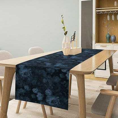 Gothic Floral Table Runner, Retro Dark Blue Flower Garden Witchy Rose Print Coffee Table Center Decor for Home Kitchen Dining Patio Holiday Party Indoor Outdoor Table Decorations 13x72 inches