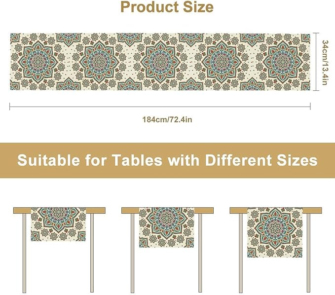 Boho Table Runner, Colorful Bohemian Mandala Geometric Floral Table Runner for Kitchen Dining Home Party Decoration, 13x120 Inch