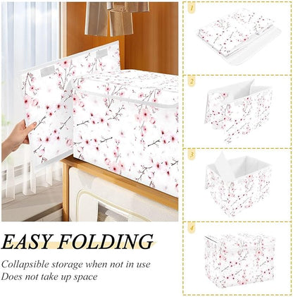 Flower Baskets Collapsible Storage Bins with Lids, Cherry Blossom Branche Storage Boxes Clothes Baskets for Organizing