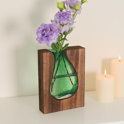 Wood and Glass Inlay Vases Farmhouse Wooden Glass Flower Vase Solid Wood Glass Vase Home Decor Vases for Centerpiece (9.29 Inches)