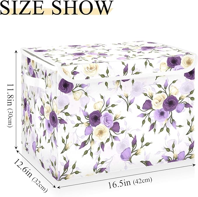 Flower Baskets Collapsible Storage Bins with Lids, Purple Green Rose Flower Storage Boxes Clothes Baskets for Organizing