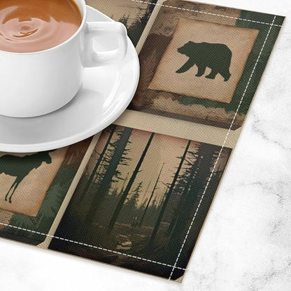 Rustic Lodge Bear Deer Placemats Set of 6, Vintage Cabin Pine Cone Plaid Place Mats, Heat Resistant Non Slip Cotton Linen Dining Table Mats for Home Kitchen Decor 18x12 Inch