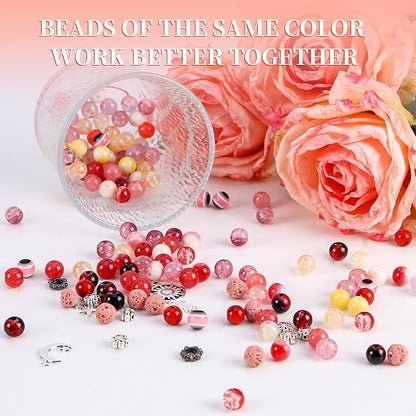 Tunmiok Glass Beads for Jewelry Making Kit with Metal Charms & Crystal String - Includes Spacers, Flower Holders - Bracelet kit, Necklace, Earring Set Supplies for Adults (Pink)