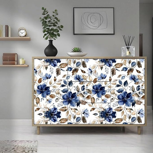 Blue Floral Peel and Stick Wallpaper Modern Contact Paper Waterproof Botanical Flower Removable Self Adhesive Wallpaper for Bathroom Bedroom Living Room Cabinets 17.7"x212.6"
