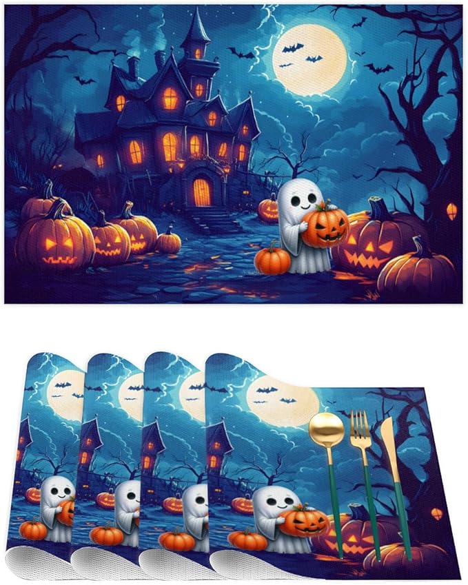 Halloween Cute Ghosts Pumpkin Placemats Set of 6 PVC Vinyl Non Slip Table Mats Heat Resistant Place Mats Washable Wipeable Dining Table Mat for Kitchen Decor Party Indoor Outdoor Decorative Gift
