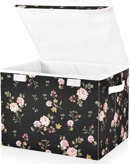 Flower Baskets Collapsible Storage Bins with Lids, Purple Green Rose Flower Storage Boxes Clothes Baskets for Organizing
