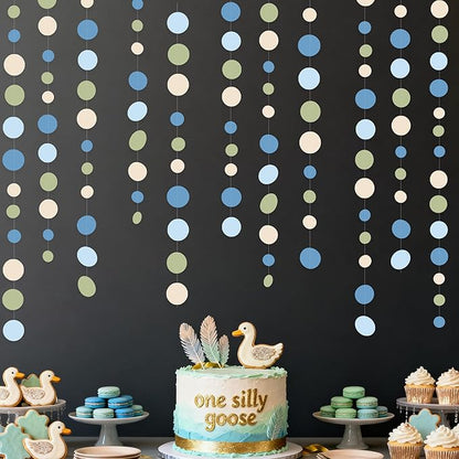 Dusty Blue and Sage Green Beige Polka Dot Garland Olive Green Dusty Blue Cream Nude Hanging Paper Circle Dots Streamer for Birthday Baby Shower Wedding One Silly Goose Theme Party Decorations Supplies