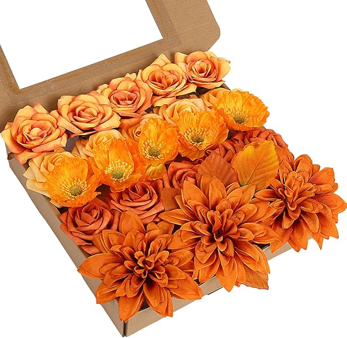 ASTRYAS Orange Artificial Flowers Combo Set, Orange Peonies Dalia Flower for DIY Wedding Bouquet Bridal Baby Shower Decorations Party Table Centerpieces Cake Silk Floral Arrangement Home Decor