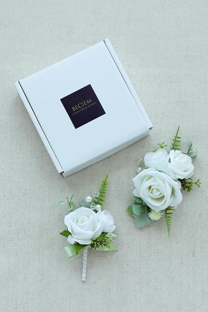 White Green Corsage and Boutonniere Set, Prom Wedding Homecoming Wrist Corsage Wristlet and Boutonniere Set for Grooms Groomsmen Guest Bridal Bridesmaid Artificial Flower Suit Decoration