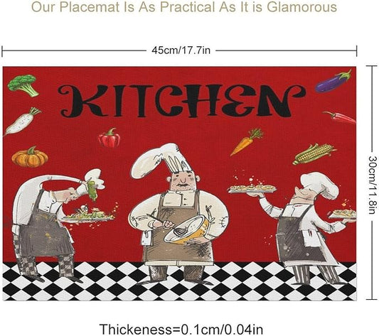 Chef Cooking Placemats Cartoon Rustic Vegetable Fruit Lattice Pastry Fat Chef Carrot Corn Gourmet Cookware Placemats Table Kitchen Dining Party 12x18 Inch Set of 6