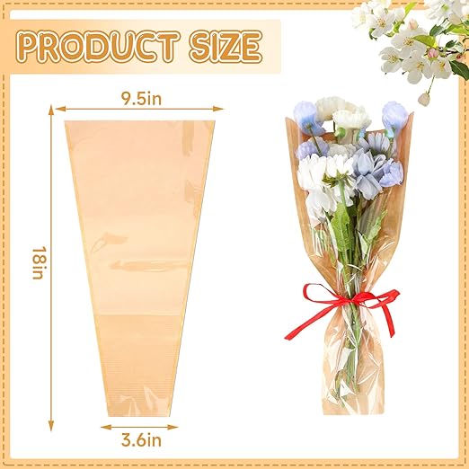 Jansun 40Pcs Flower Wrapping Bags Kraft Paper Flower Sleeves for Bouquets Flower Bags for Birthday Wedding Graduation Gift, Florist Wrap Supplies 9.8x17.9 Inch