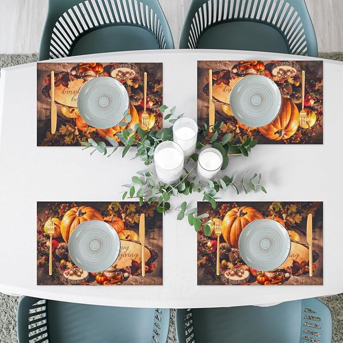 Thanksgiving Holiday Modern Pumpkins Placemats Set of 4 PVC Vinyl Non Slip Table Mats Heat Resistant Place Mats Washable Wipeable Dining Table Mat for Kitchen Party Indoor Outdoor Decorative Gift