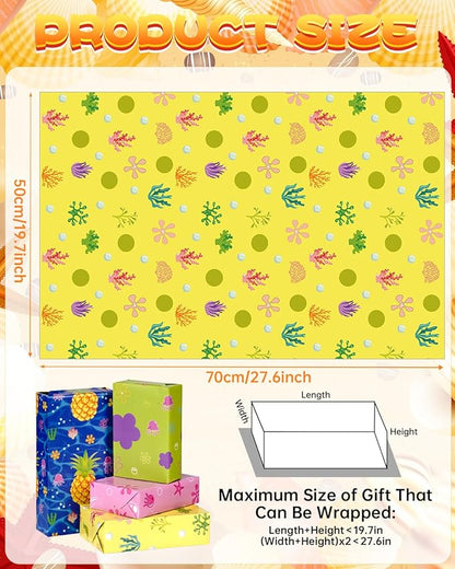 Pineraap Yellow Cartoon Wrapping Paper 12 Sheets Tropical Ocean Themed Gift Packing Paper Water Grass Jellyfish Flowers Pineapple Wrap Paper for Baby Shower Birthday Party Supplies, 20"×28"