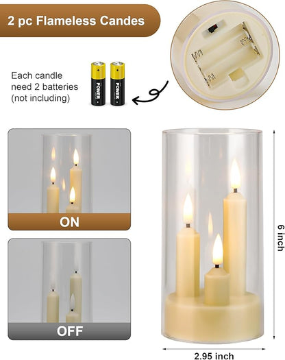 Enido 2 Pc Flameless LED 3-in-1 Taper Candles with Remote & Timer, Battery Operated Acrylic Pillar Set, 3" x 6" Flickering Electric Lights for Cozy Home & Holiday Romantic Decor (Clear)