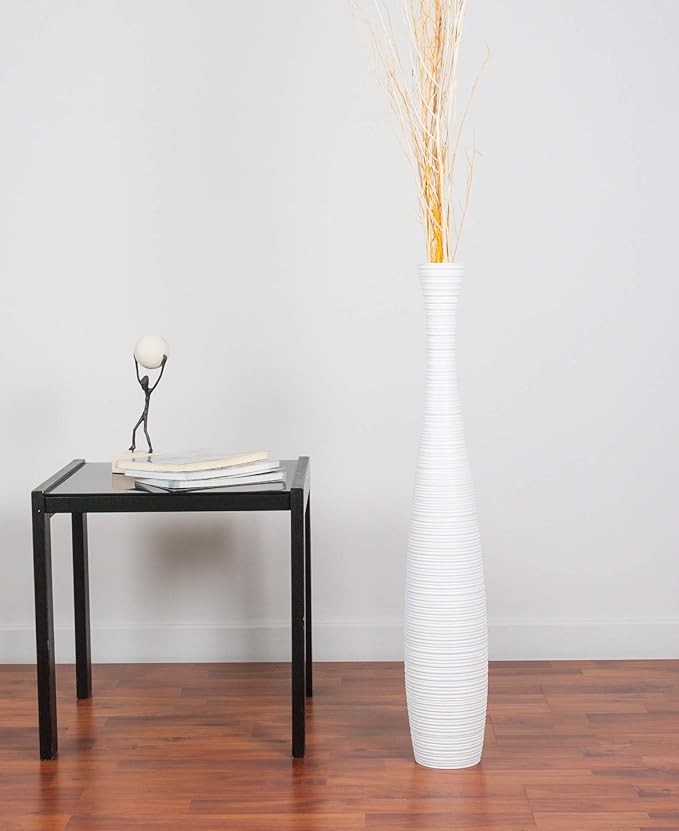 Leewadee Large White Home Decor Floor Vase - Wooden 26 inch Tall Farmhouse Decor Flower Holder for Fake Plant and Pampas Grass