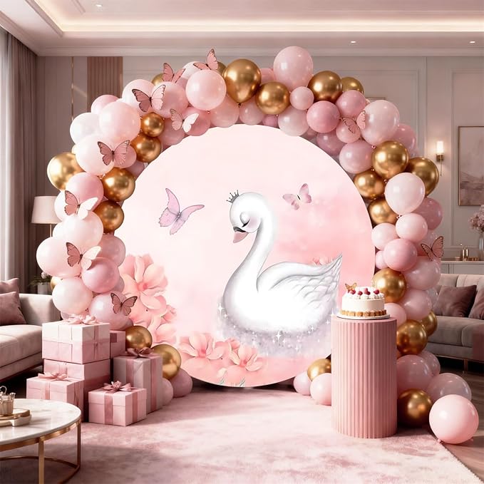 AOFOTO Swan Round Backdrop Pink Floral Butterfly Print Photography Background for Baby Shower Women Newborn Girls Birthday Party Banner Home Wall Decor Photo Studio Booth Props 5x5ft
