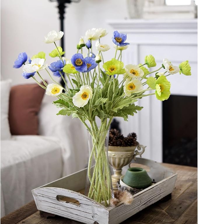 Set of 6 White Poppies Flowers Artificial for Vase, Faux Wildflowers with Long Stems, Silk Flowers Arrangement for Wedding Party Farmhouse Home Office Indoor Kitchen Dining Table Decoration