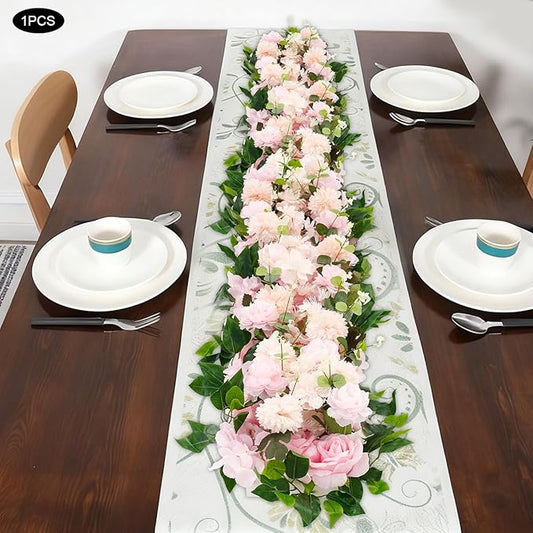 TFCFL Artificial Flowers Row, 39.5" X 12" Wedding Arch Faux Floral Swags, 3D Flower Panels Arrangement, DIY Wall Backdrop for Wedding Party Table Runner Decoration (Pink)