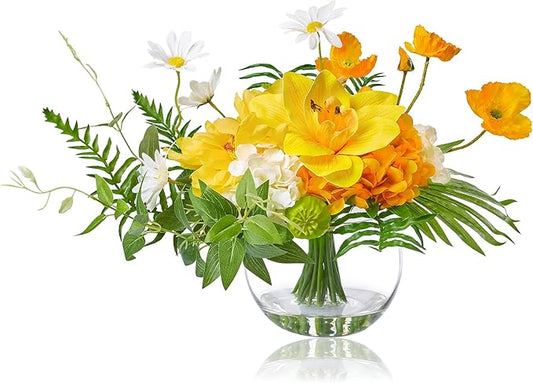 WELL KNOWN Artificial Silk Flowers in Glass Vase for Dining Table Decor, Tropical Orange Orchid Flowers Bouquet Arrangement with Faux Water for Home Office Wedding Party Dining Table Centerpieces Gift