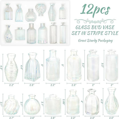 Bud Vases Set of 12, Iridescent Glass Vase for Decor Centerpieces, Small Vases for Flowers, Clear Irised Flower Vase Ribbed Modern Bud Vases in Bulk, Colorful Vases for Wedding Party Table Decoration