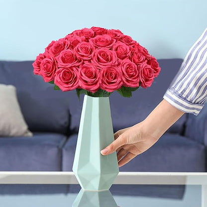 50pcs Artificial Rose Flower Hot Pink Rose Flower with Long Stem Silk Roses Bouquet for Wedding Bridal Shower Party Home Decoration