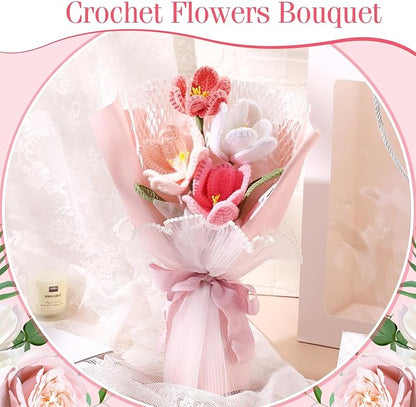 Juinte Crochet Flowers Bouquet Gift Christmas Crochet Flower Tulips Completed Handmade Knitted Bouquet with Card for Women Girlfriend Lover Appreciation Gift Birthday Wedding Teacher Decor(Pink)