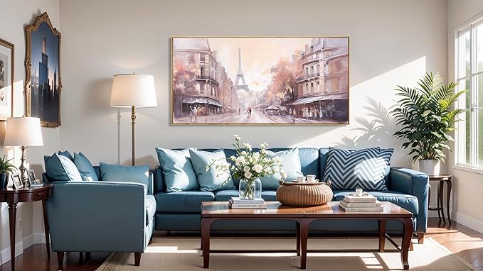 Wall Art Paris Paintings Modern Artwork for Couple Room - Landscape Canvas for Living Room, Bedroom, Office - Large Decor 24"x48" Framed