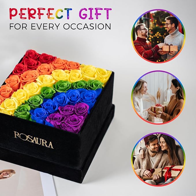 Rosaura 34-Piece Eternal Preserved Roses & Flowers Gift Box - Forever Lasting Real Roses, Preserved Flowers for Christmas, Valentine's Day (34-Rainbow)