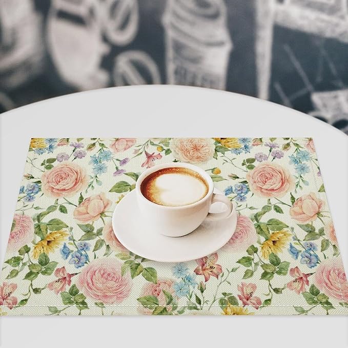 Colorful Floral Placemats Set of 4, 17x12 Inch Watercolor Spring Botanical Aesthetic Wildflower Nature Rustic Art Printed Table Mats for Home Party Kitchen Dining Decor