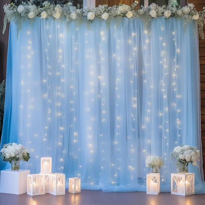20×10ft Blue Tulle Backdrop Curtain with Lights String for Parties, Sheer Photo Backdrop Curtains for Wedding Party Photography Background