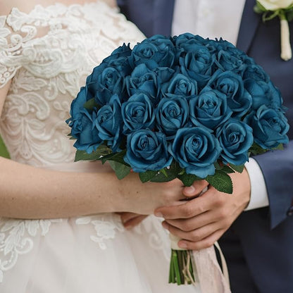 30pcs Fake Roses Artificial Silk Flowers Long Stems Bouquet for Wedding Bridal Shower Party Home Decoration (Teal)