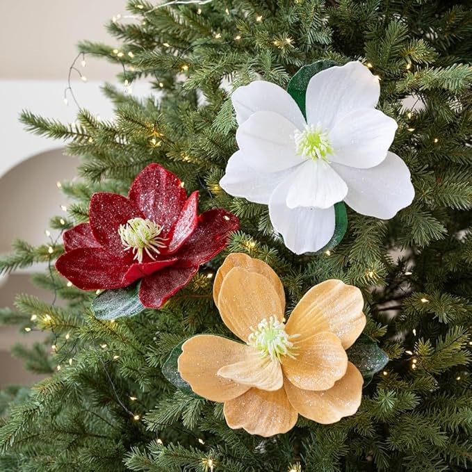Artificial Magnolia Flowers with Glitter, Foldable Christmas Tree Decor for Holiday, Wedding, Home Vase Arrangements (Gold)