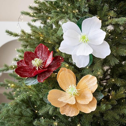 Artificial Magnolia Flowers with Glitter, Foldable Christmas Tree Decor for Holiday, Wedding, Home Vase Arrangements (Gold)